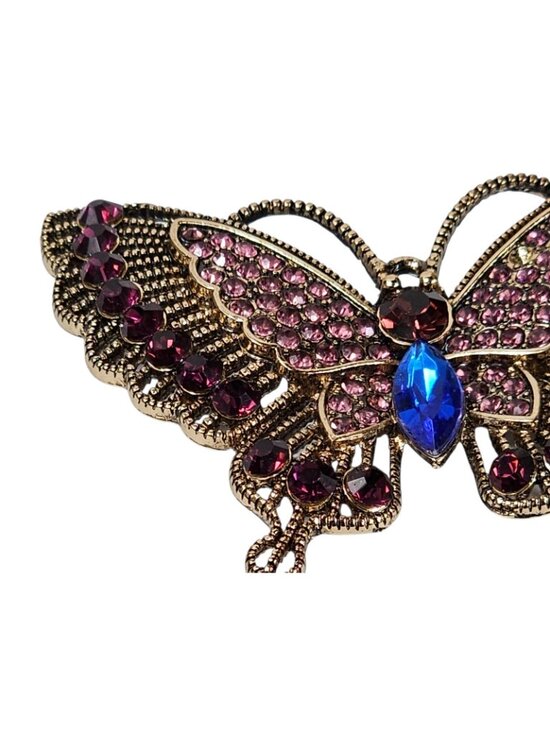 Rhinestone Butterfly Brooch Pin Gold Tone Pink Blue Purple Sparkle VTG - Picture 3 of 7